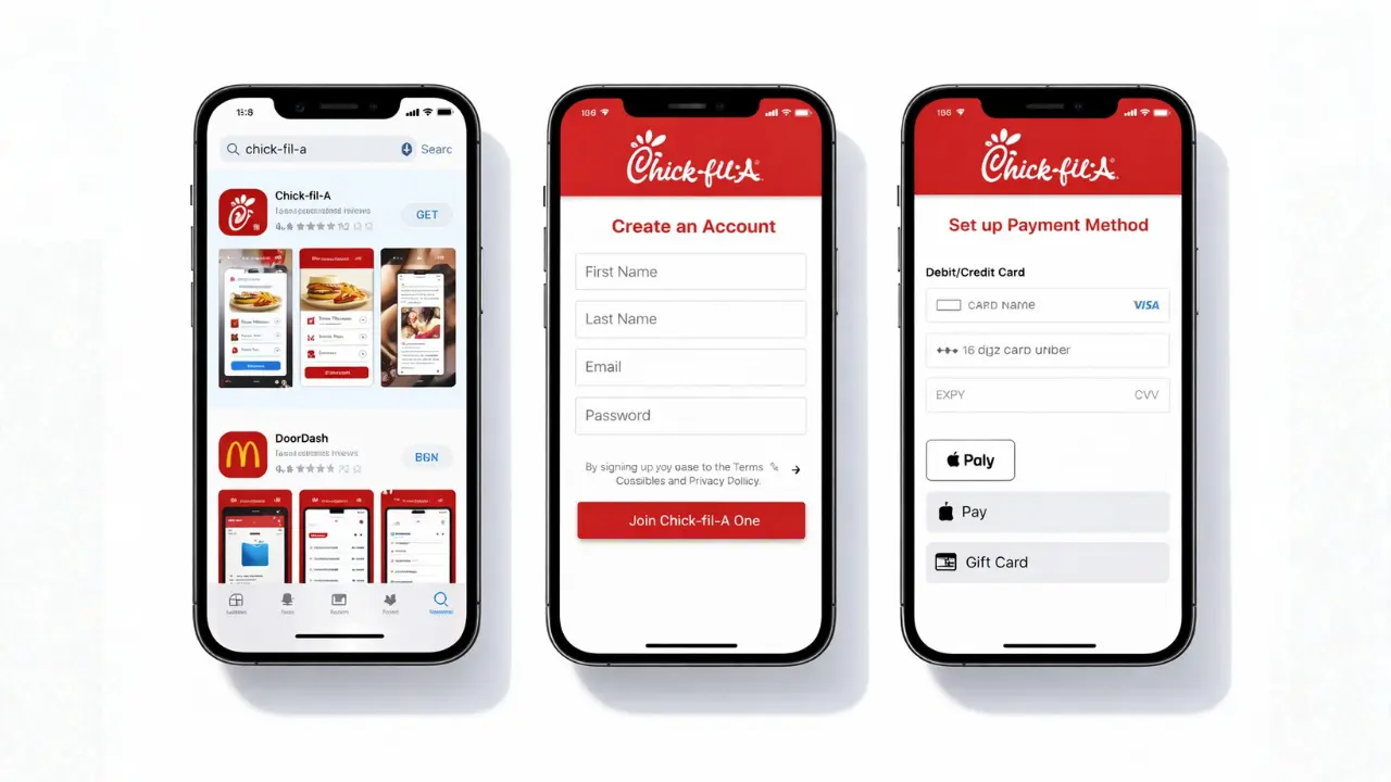 Chick-fil-A App 2026: How to Order Online Faster 2 Three iPhones display the fast food restaurant Chick Fil a app showcasing options how to download and set up of this app