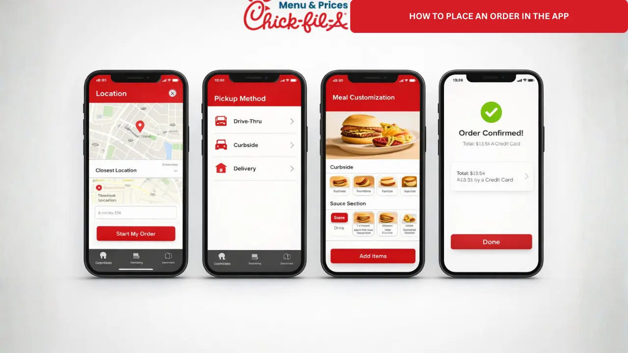 Chick-fil-A App 2026: How to Order Online Faster 3 Three smartphones displaying a restaurant app interface, showcasing menus and features for online ordering and reservations.