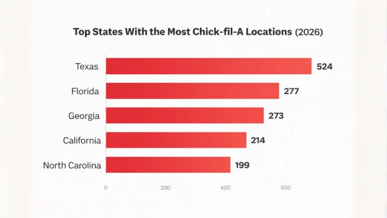 Find Chick-fil-A Locations in 2026 2 ap highlighting the top states with the highest number of Chick-fil-A locations across the United States.