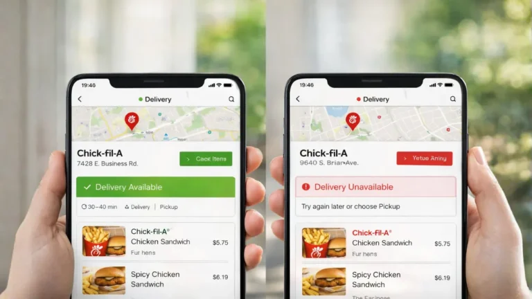Chick-fil-A Delivery Complete Guide 2026 2 Two hands holding smartphones displaying the Chick-fil-A Delivery app interface.