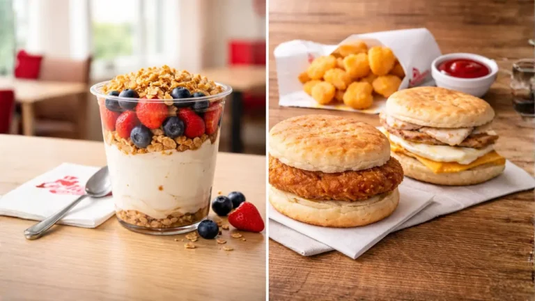 Chick-fil-A Yogurt Parfait 2026: Price, Nutrition & Is It Healthy 5 Side-by-side images of Chick-fil-A Yogurt Parfait and other breakfast items, including a drink and a sandwich.