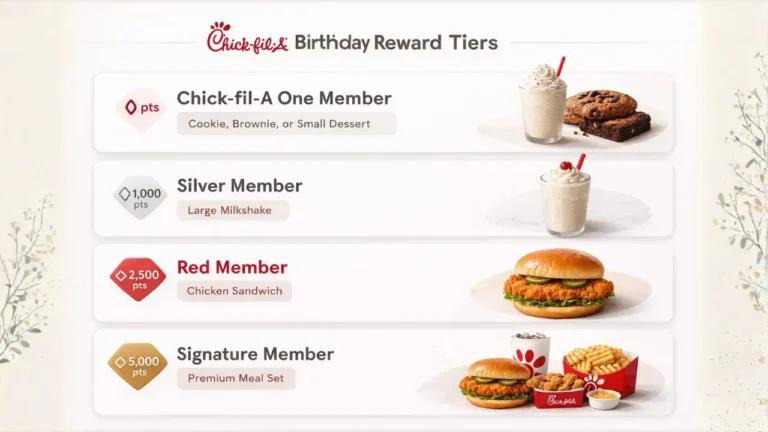 Chick-fil-A Birthday Reward 2026: Get your Treat Free 2 A menu displaying various Chick-fil-A Birthday Reward tiers and items available for birthday celebrations.