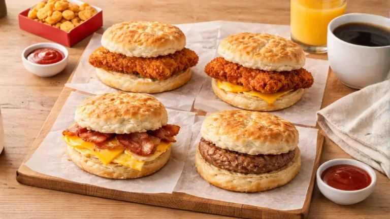 Chick-fil-A Chicken Biscuit Price, Calories & Ingredients 2026 4 Four Chick-fil-A biscuits topped with chicken, bacon, and eggs arranged on a wooden cutting board.