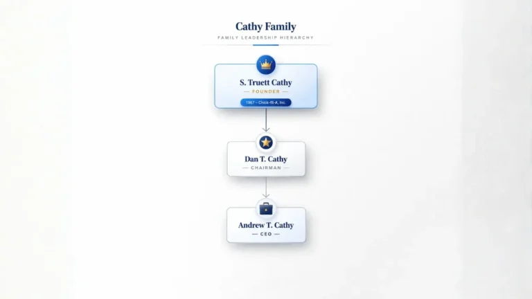 Chick-fil-A CEO & Owner Guide 2026 3 Flow chart in blue and white illustrating the roles of Chick-fil-A CEO, Owner, and Chairman with a blue arrow.