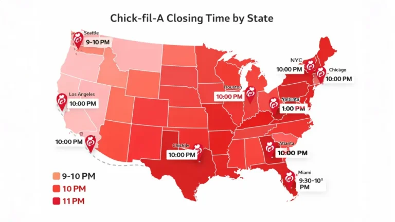 What Time Chick-fil-A Close? (Updated 2026) 2 Map of the US displaying Chick-fil-A closing times across different states.