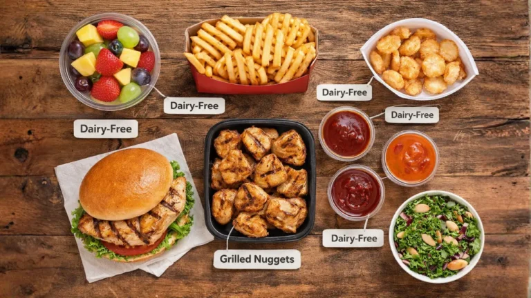 Chick-fil-A Dairy Free Menu items 2026 2 A spread of Chick-fil-A dairy-free options featuring chicken, fries, salad, and fresh fruit.