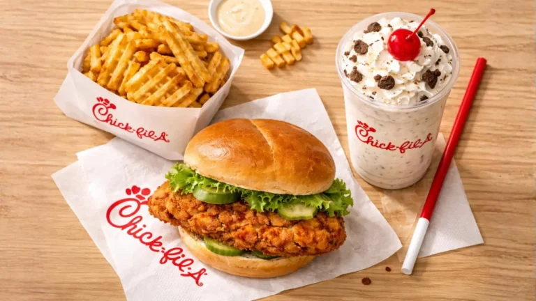 Chick-fil-A Desserts 2026: Full Menu, Prices & Best Sweet Treats 18 A delicious chicken sandwich accompanied by fries and a drink, displayed on a table at Chick-fil-A.