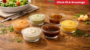 A selection of Chick-fil-A Dressings cups from the restaurant of Chick-fil-A, ready for serving.