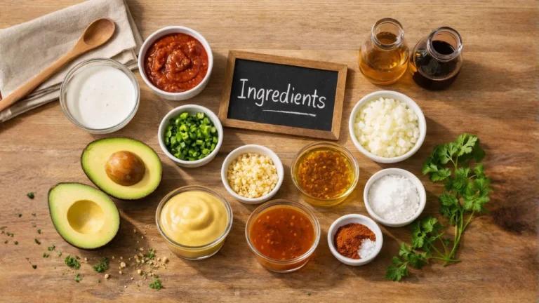 Full Guide of Chick-fil-A Dressings 2026 9 A variety of fresh ingredients for a healthy diet, including Chick-fil-A dressings, arranged on a wooden table.