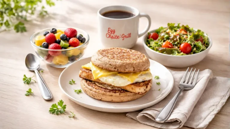Chick-fil-A Egg White Grill 2026, Price & Nutrition Guide 30 A Chick-fil-A Egg White Grill meal with a sandwich, fruit, and coffee displayed on a table.