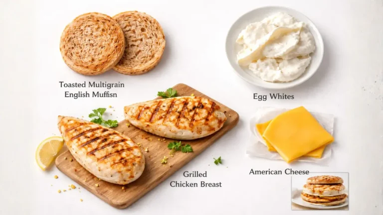 Chick-fil-A Egg White Grill 2026, Price & Nutrition Guide 3 Ingredients for a Chick-fil-A Egg White Grill sandwich, including grilled chicken, egg whites, and a toasted bun.