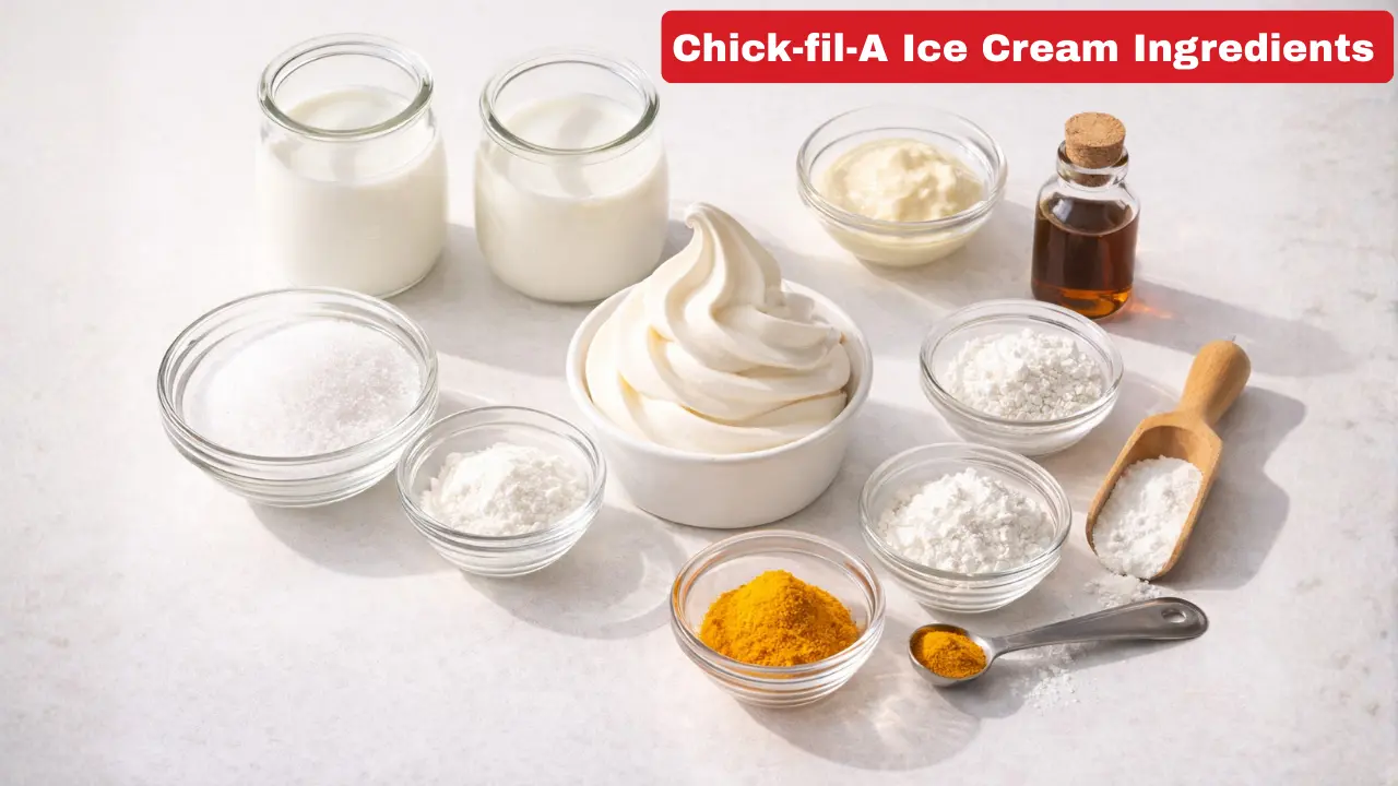 Chick-fil-A Ice Cream Price & Calories in 2026 4 A collection of ingredients for Chick-fil-A ice cream, featuring milk, sugar, cream, and vanilla flavoring.