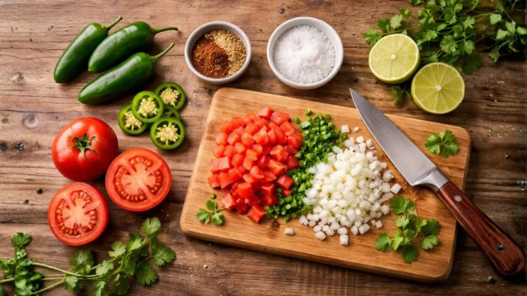 Chick-fil-A Jalapeno Salsa Recipe & Full Details in 2026 3 Chopping board with diced tomatoes, onions, peppers, and lime, showcasing ingredients for Chick-fil-A Jalapeno Salsa.