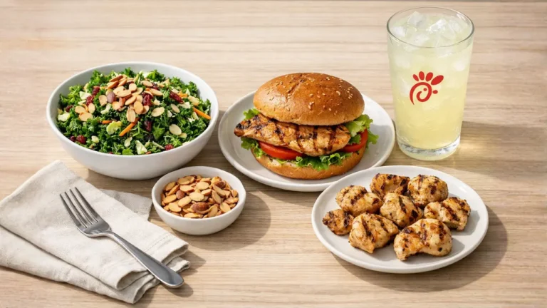 Chick-fil-A Kale Salad 2026: Price, Calories & Recipe 8 A dining table featuring plates of Chick Fil A kale salad alongside an assortment of drinks, ready for serving.