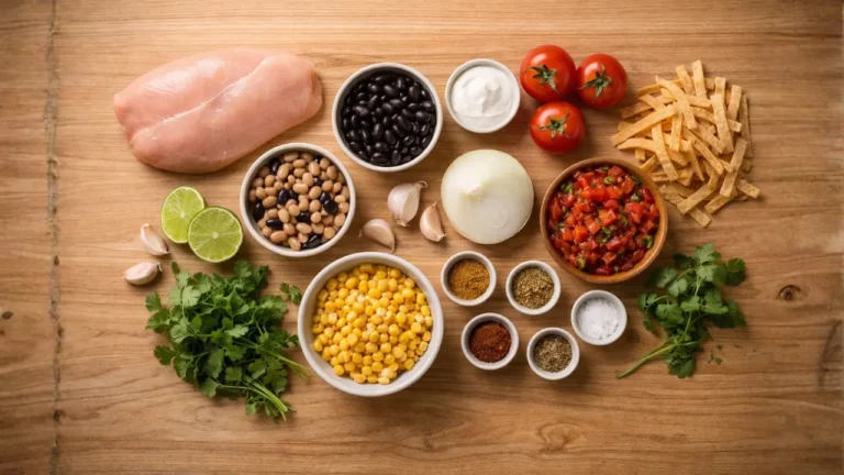 Chick-fil-A Tortilla Soup Recipe & Price in 2026 3 Ingredients for Chick-fil-A Tortilla Soup displayed on a wooden table, including vegetables and spices.