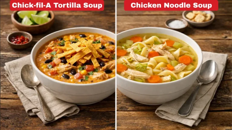 Chick-fil-A Tortilla Soup Recipe & Price in 2026 5 Two bowls of soup from Chick-fil-A: Tortilla Soup with spices and Noodle Soup with chicken, illustrating their differences.