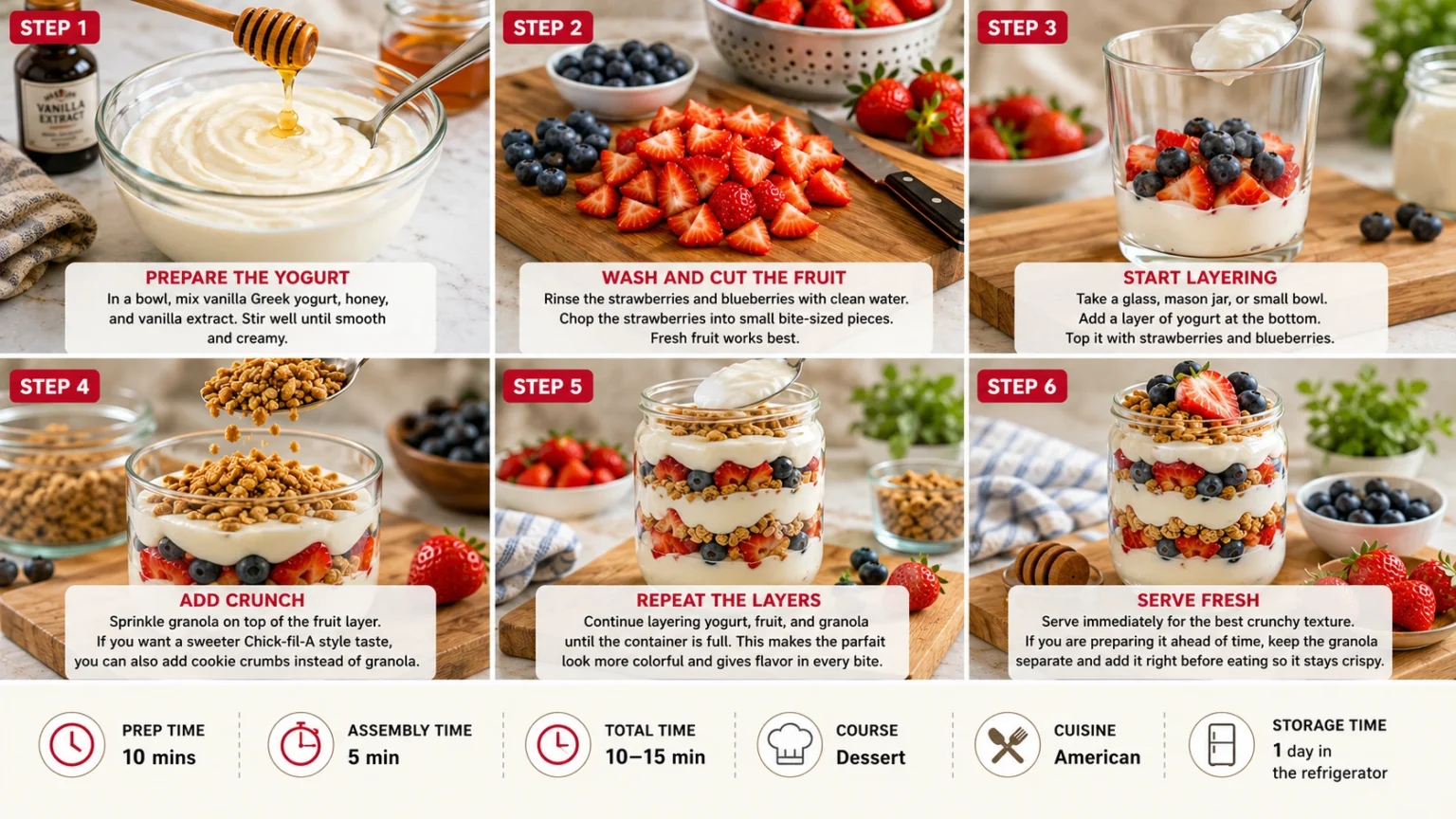 Chick-fil-A Yogurt Parfait Nutrition & Price in 2026 4 Steps to prepare a healthy breakfast featuring the Chick-fil-A Yogurt Parfait Recipe with fresh fruits and granola.