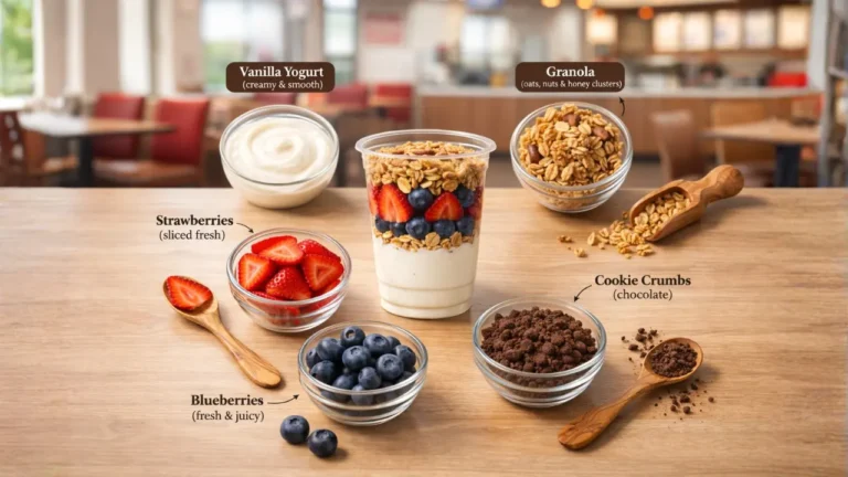Chick-fil-A Yogurt Parfait 2026: Price, Nutrition & Is It Healthy 3 A glass filled with yogurt, mixed berries, and granola, showcasing the ingredients of a Chick-fil-A Yogurt Parfait.