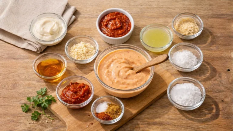 Full Guide of Chick-fil-A Dressings 2026 11 Various ingredients in bowls on a wooden cutting board for a Chick-fil-A Creamy Salsa Dressing recipe.