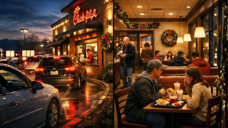 Chick-fil-A Christmas Eve Hours 2026 3 A busy Chick-fil-A restaurant on Christmas Eve, with diners inside and cars passing by the drive-thru.