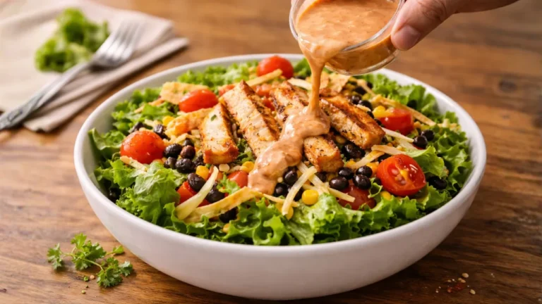 Full Guide of Chick-fil-A Dressings 2026 10 A hand drizzles Chick-fil-A dressing onto a salad featuring chicken, black beans, and crisp lettuce.
