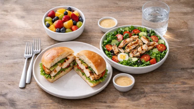 Chick-fil-A Lunch Menu 2026: Prices, Calories, Pictures & Popular Meals 41 A plate displaying a salad, a sandwich, and a glass of water, part of the Chick-fil-A lunch menu offerings.