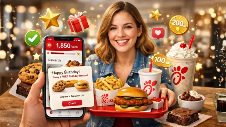 Chick-fil-A Birthday Reward 2026: Get your Treat Free 4 A woman joyfully presents a tray of food alongside her phone showing a birthday message, celebrating with Chick-fil-A.