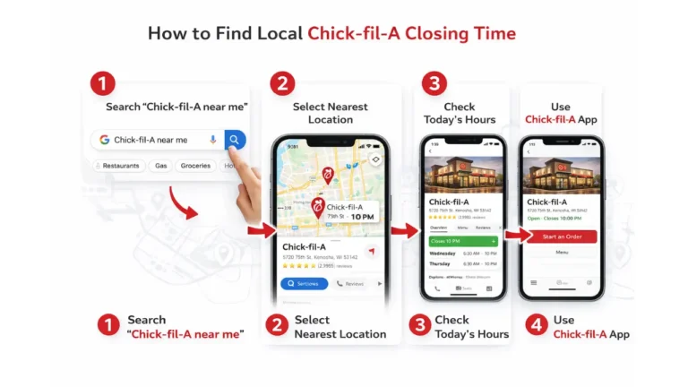What Time Chick-fil-A Close? (Updated 2026) 3 Visual guide showing how to search for nearby businesses on Google Maps, featuring a map interface and search bar.