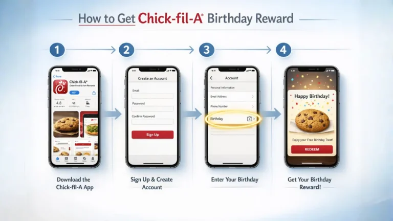 Chick-fil-A Birthday Reward 2026: Get your Treat Free 3 Diagram showing steps to receive Chick-fil-A birthday rewards, including details on the reward tiers offered.