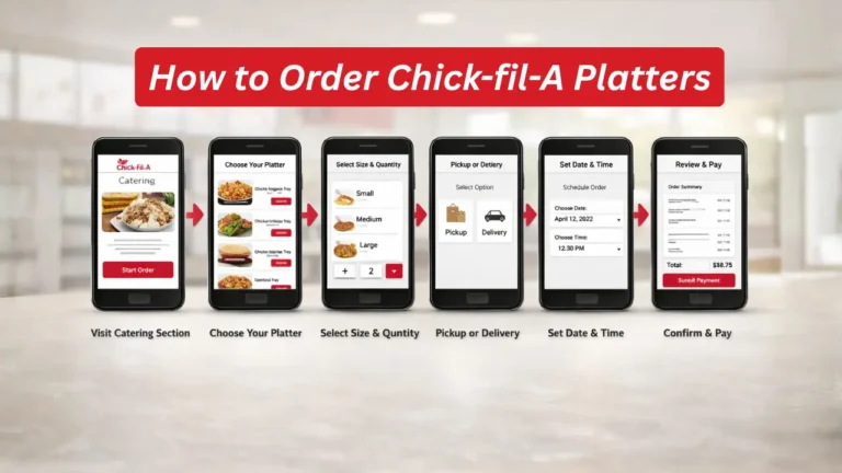 Chick-fil-A Platters For Gathering in 2026: Full Guide 21 A step-by-step guide on ordering Chick-fil-A platters online is displayed on six phone screens: visiting catering, choosing a platter, selecting size and quantity, opting for pickup or delivery, setting date and time, and confirming payment.