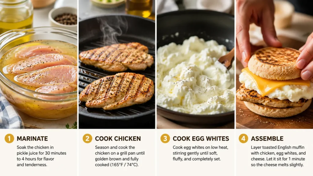Chick-fil-A Egg White Grill Calories & Price in 2026 31 Four steps to cook chicken for a Chick-fil-A egg white grill recipe, including preparation, cooking, assembly, and serving.