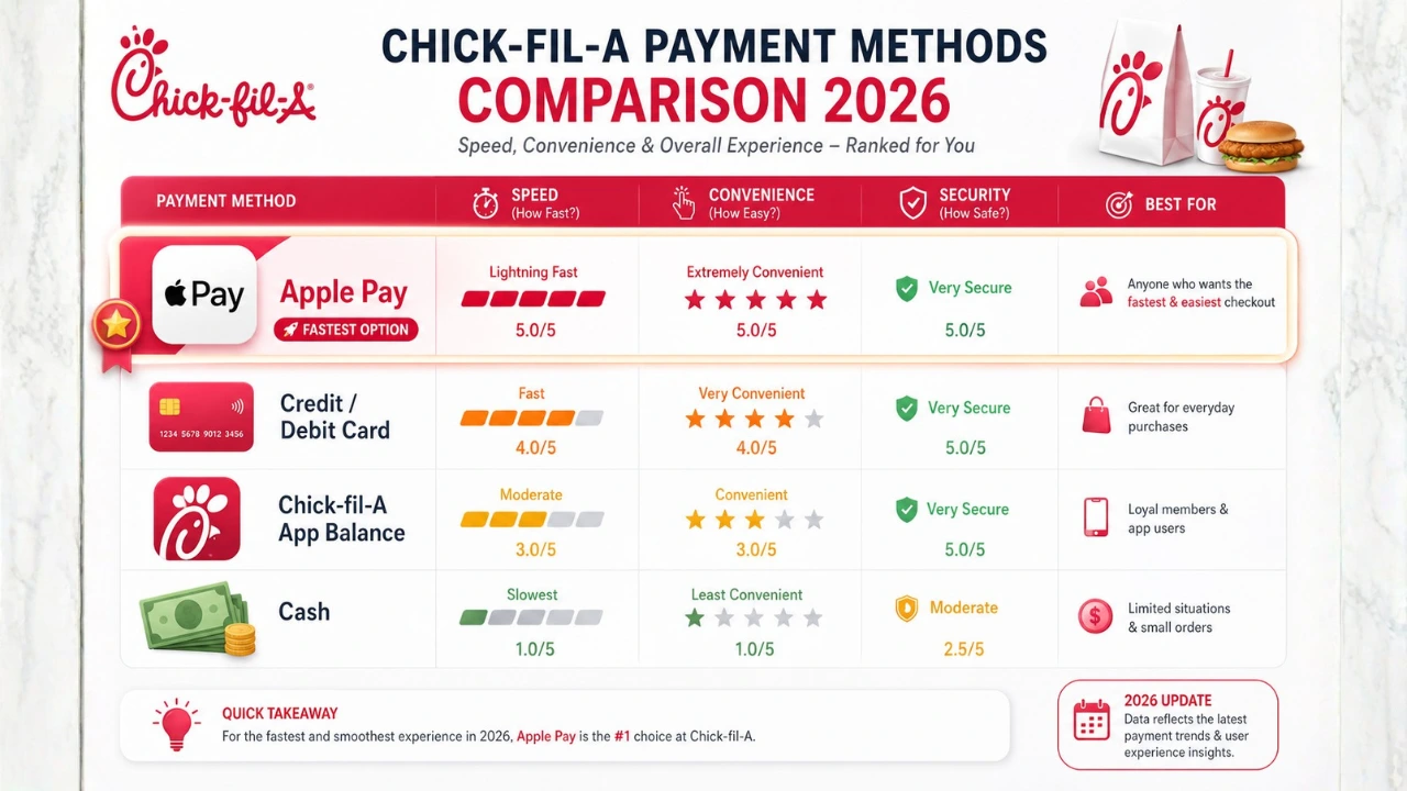 Does Chick-fil-A Take Apple Pay in 2026? 3 Comparison chart of Chick-fil-A payment methods for 2026, rating Apple Pay, credit/debit card, Chick-fil-A app balance, and cash on speed, convenience, security, and support.