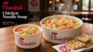 Chick-fil-A chicken noodle soup in a bowl, featuring chicken, noodles, carrots, and broth, garnished with parsley.