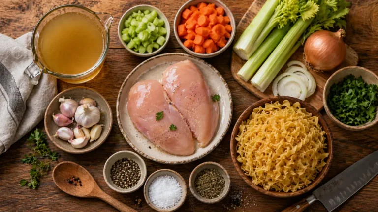 Chick-fil-A Chicken Noodle Soup Recipe & Price in 2026 5 Ingredients for Chick-fil-A Chicken Noodle Soup: chicken breast, celery, carrots, onions, broth and spices on a wooden table.