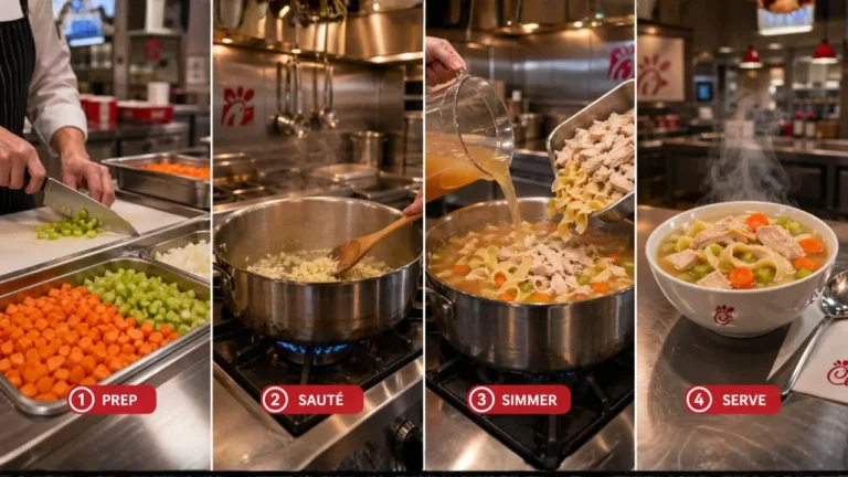 Chick-fil-A Chicken Noodle Soup Recipe & Price in 2026 6 Four images of a chef preparing Chick-fil-A Chicken Noodle Soup in a kitchen, showcasing various cooking steps.