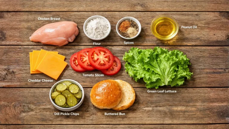 Chick-fil-A Deluxe Sandwich Price & Calories in 2026 3 Ingredients for a Chick-fil-A Deluxe Sandwich displayed on a wooden table, including chicken, lettuce, tomato, and bun.