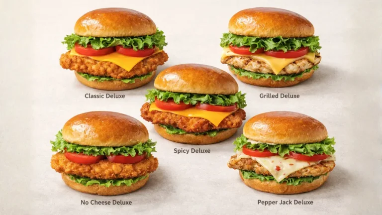 Chick-fil-A Deluxe Sandwich Price & Calories in 2026 4 Five Chick-fil-A Deluxe Sandwich variations displayed in different sizes on a neutral background.