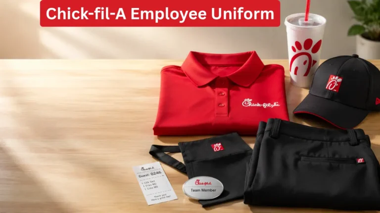 Chick-fil-A Employee 2026: Full Details 3 A Chick-fil-A staff member in a red uniform with a name tag, smiling in front of the restaurant's entrance.