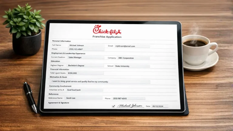 Chick-fil-A Franchise Cost, Requirements & Profit in 2026 4 Chick-fil-A Franchise Application Form displayed on a white background with fields for personal and business information.