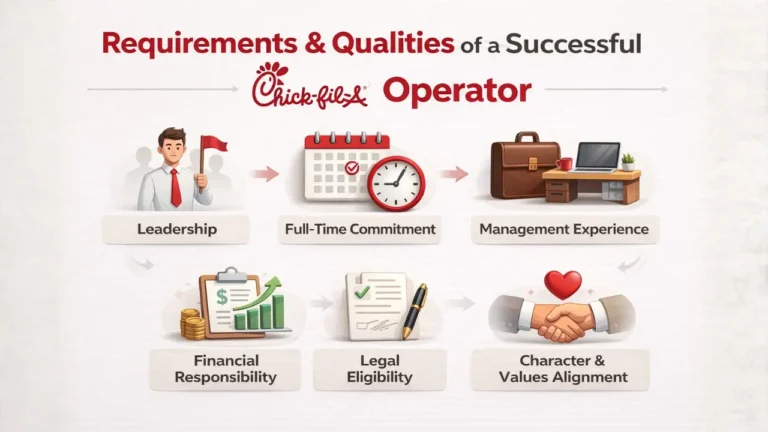 Chick-fil-A Franchise Cost, Requirements & Profit in 2026 2 Infographic outlining the key requirements and qualities for a successful Chick-fil-A franchise operator.
