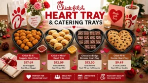 Chick-fil-A heart tray featuring chicken nuggets, alongside various catering trays for group servings.