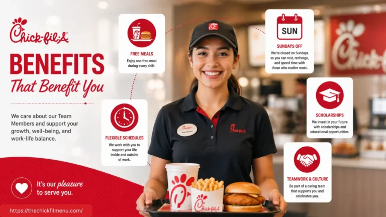 Chick-fil-A Pay Details in 2026 2 A woman presents a tray of food alongside a sign that states "Benefits that Benefit You" for Chick-fil-A Pay benefits.