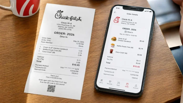 Chick-fil-A Forgot to Scan Solution & Details in 2026 3 Chicken nuggets and a smartphone displaying a receipt, labeled "Chick-fil-A Forgot to Scan."