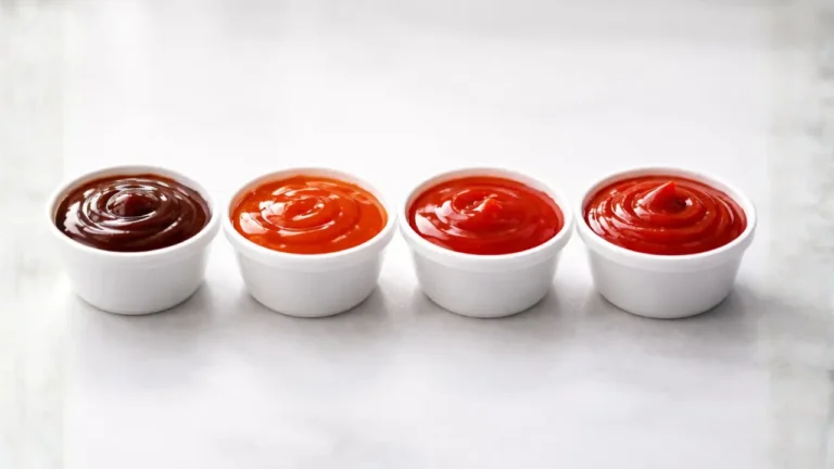 Chick-fil-A Vegan Options 2026 3 Four small cups containing ketchup, showcasing Chick-fil-A vegan-friendly sauce options