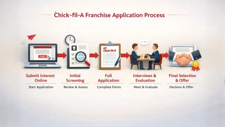 Chick-fil-A Franchise Cost, Requirements & Profit in 2026 3 Visual guide showing the application process for a Chick-fil-A franchise, detailing each step involved.