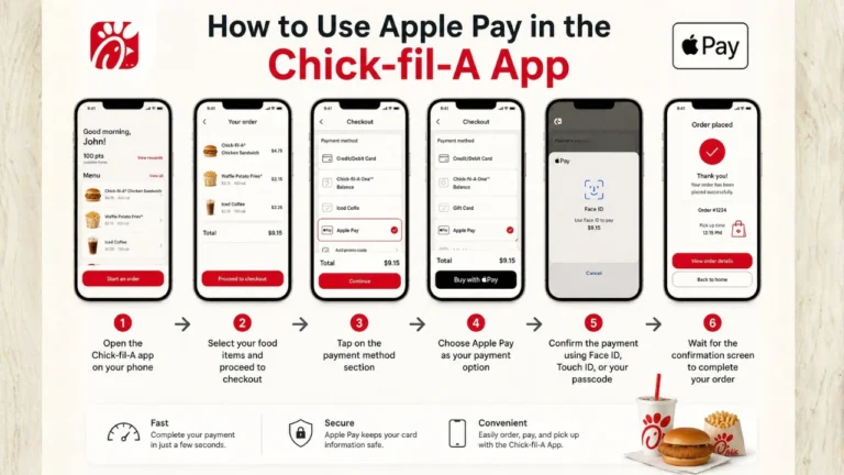 Does Chick-fil-A Take Apple Pay in 2026? 2 Six-step visual guide showing how to use Apple Pay in the Chick-fil-A app, with images of app screens and brief instructions beneath each step. This give the answer also Does Chick-fil-A Take Apple Pay