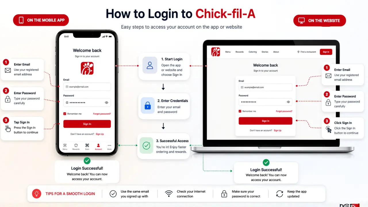 Chick-fil-A Login Complete Guide 2026 2 Image showing the steps to log in to the Chick-fil-A account on their website or app.