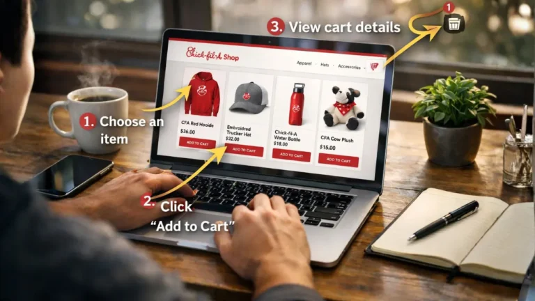 Chick-fil-A Merch in 2026: Items, Drops & Where to Buy 64 A man shopping for Chick-fil-A merchandise on his laptop, focused on the website interface.