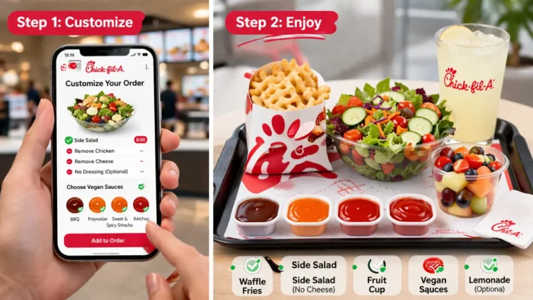 Chick-fil-A Vegan Options 2026 4 A person holds a phone displaying a menu alongside a tray of Chick-fil-A vegan food options.