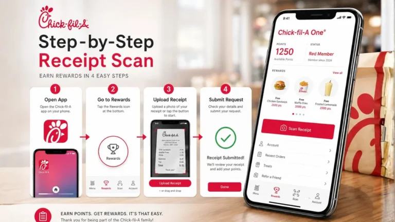 Chick-fil-A Forgot to Scan Solution & Details in 2026 2 Chick-fil-A app interface showing step-by-step instructions for scanning receipts with "Chick-fil-A Forgot to Scan" feature.